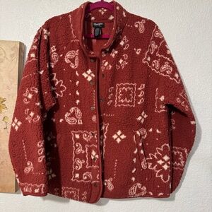 Wrangler Red and White Teddy Jacket with Folk Art Pattern